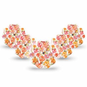 ExpressionMed Peach Dusk Freestyle Libre 3 and Libre 3 Plus Flower Shape Tape, 5-Pack Tape and 5-Pack Sticker Cloudy Orange Flowers, Overlay Tape CGM Design