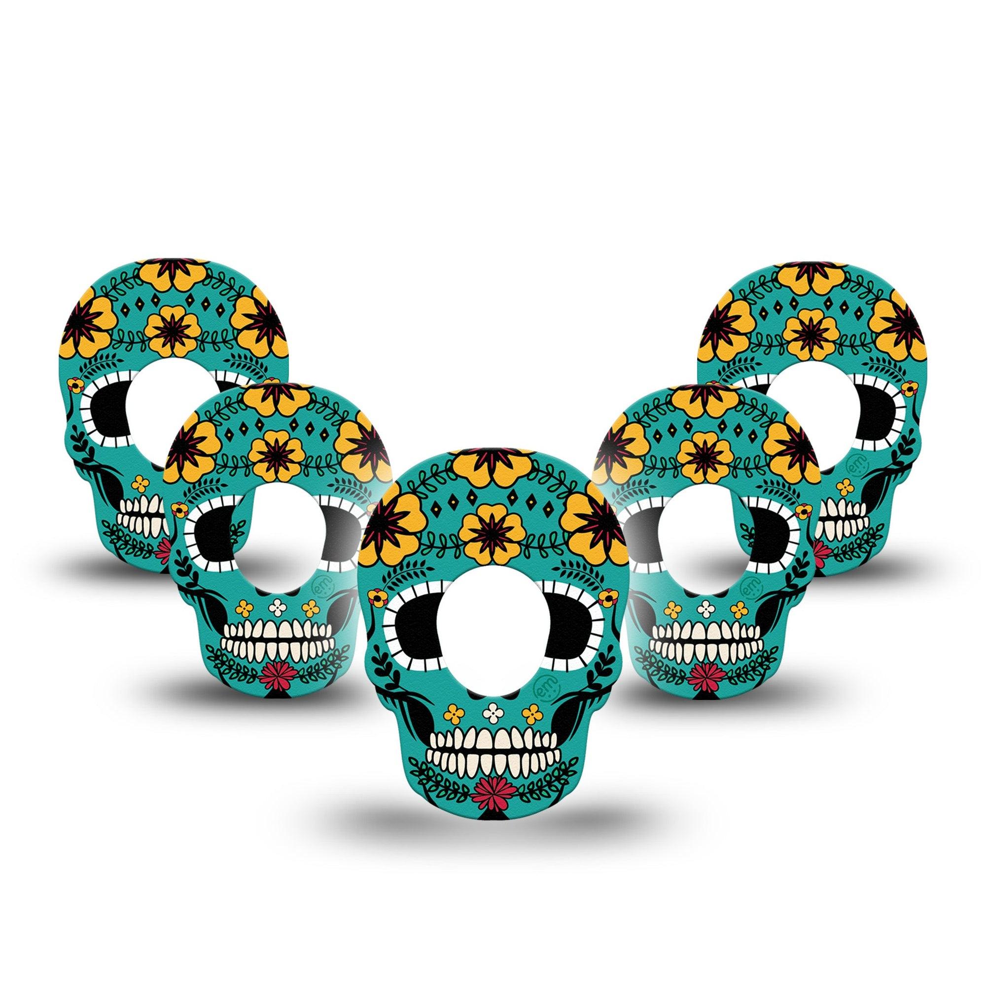 ExpressionMed Teal Skull Dexcom G7 Skull Shape Tape, Dexcom Stelo Glucose Biosensor System, 5-Pack Floral Petals Skull Inspired Overlay Patch CGM Design