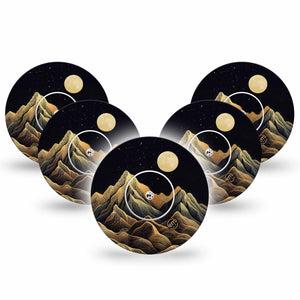ExpressionMed Black Mountain Freestyle Libre and Libre 2 Plus Tape, Abbott Lingo, 5-Pack Tape and 5-Pack Sticker Full Moon Mountains, Fixing Ring Tape Continuous Glucose Monitor Design