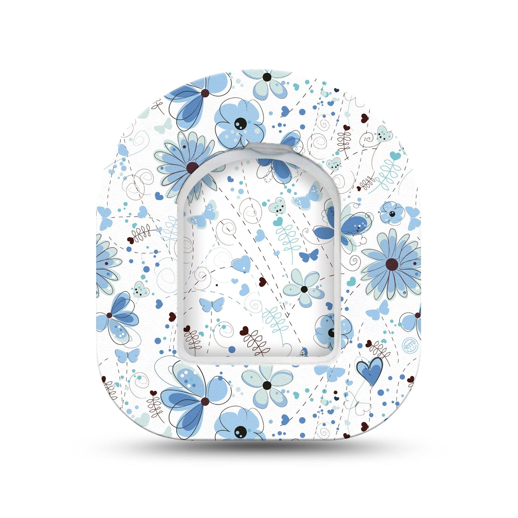 ExpressionMed Cute Blue Flowers Omnipod Surface Center Sticker and Mini Tape Doodle Art Inspired Vinyl Sticker and Tape Design Pump Design