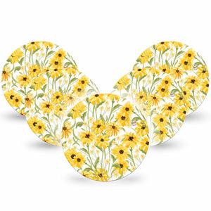 ExpressionMed Yellow Mosaic Floral Freestyle Libre and Libre 2 Plus Overpatch, Abbott Lingo, 5-Pack Tape Sunflower Field, Fixing Ring Patch CGM Design