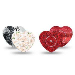 ExpressionMed Crimson Bloom Variety Pack Freestyle Libre, Libre 2 Plus, and Abbott Lingo Heart, 4-Pack Tape and 4-Pack Sticker, Red white roses Decorative Patch for CGM