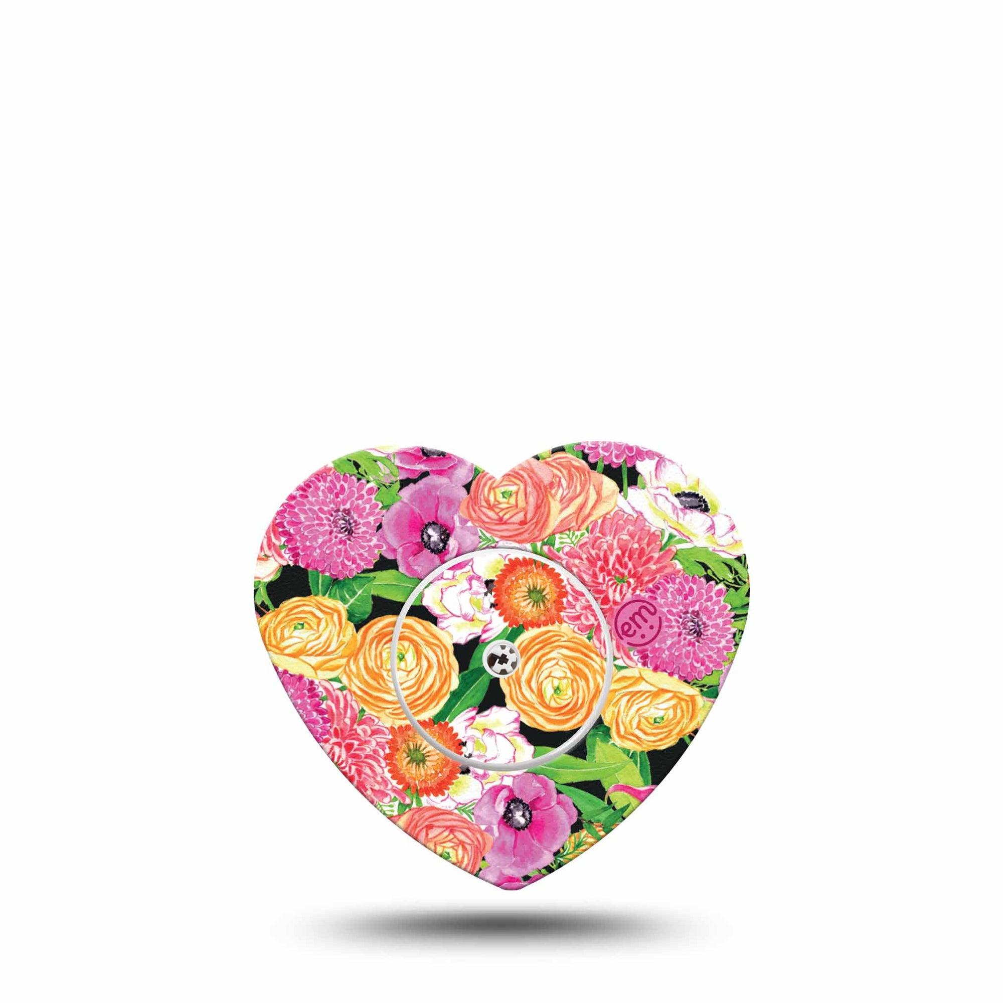 ExpressionMed Hand Painted Flowers Freestyle Libre 2 Heart Shape Tape, Abbott Lingo,  Single Tape and Single Sticker Pink and Yellow Garden Florals Adhesive Patch CGM Design