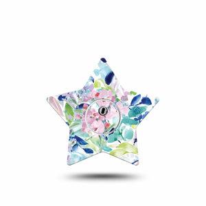 ExpressionMed Subdued Tropics Freestyle Libre 3 Star Shape Tape Single Tape and Single Sticker Watercolor Painted Blue Florals Patch CGM Design