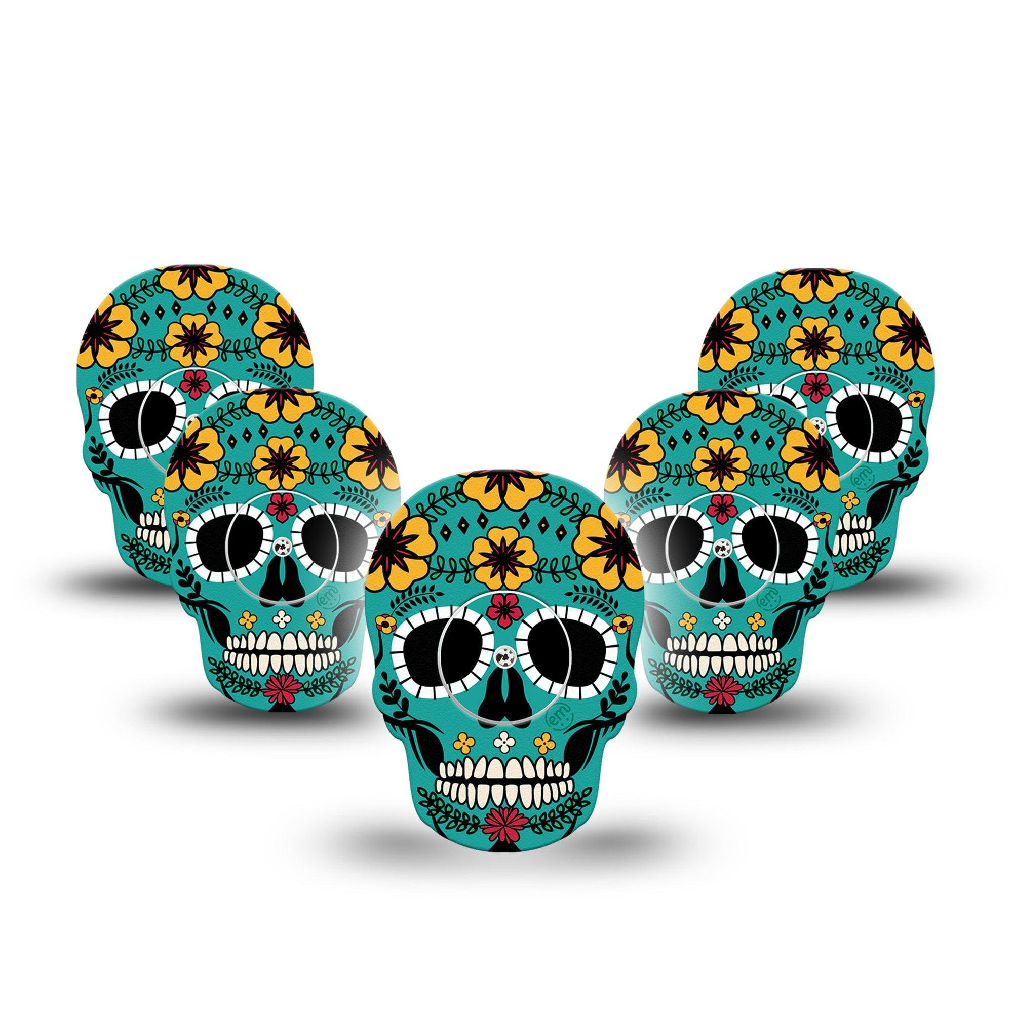 ExpressionMed Teal Skull Freestyle Libre 2 Skull Shape Tape, Abbott Lingo, 5-Pack Tape and 5-Pack Sticker Day of The Dead Skull Plaster Continuous Glucose Monitor Design