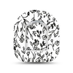 ExpressionMed Custom Black & White Floral  Omnipod Surface Center Sticker and Mini Tape Dainty Black Florals Vinyl Sticker and Tape Design Pump Design