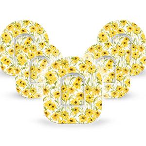 ExpressionMed Yellow Mosaic Floral Omnipod Tape 5-Pack Tape and 5-Pack Sticker Golden Yellow Flowers, Adhesive Patch Pump Design