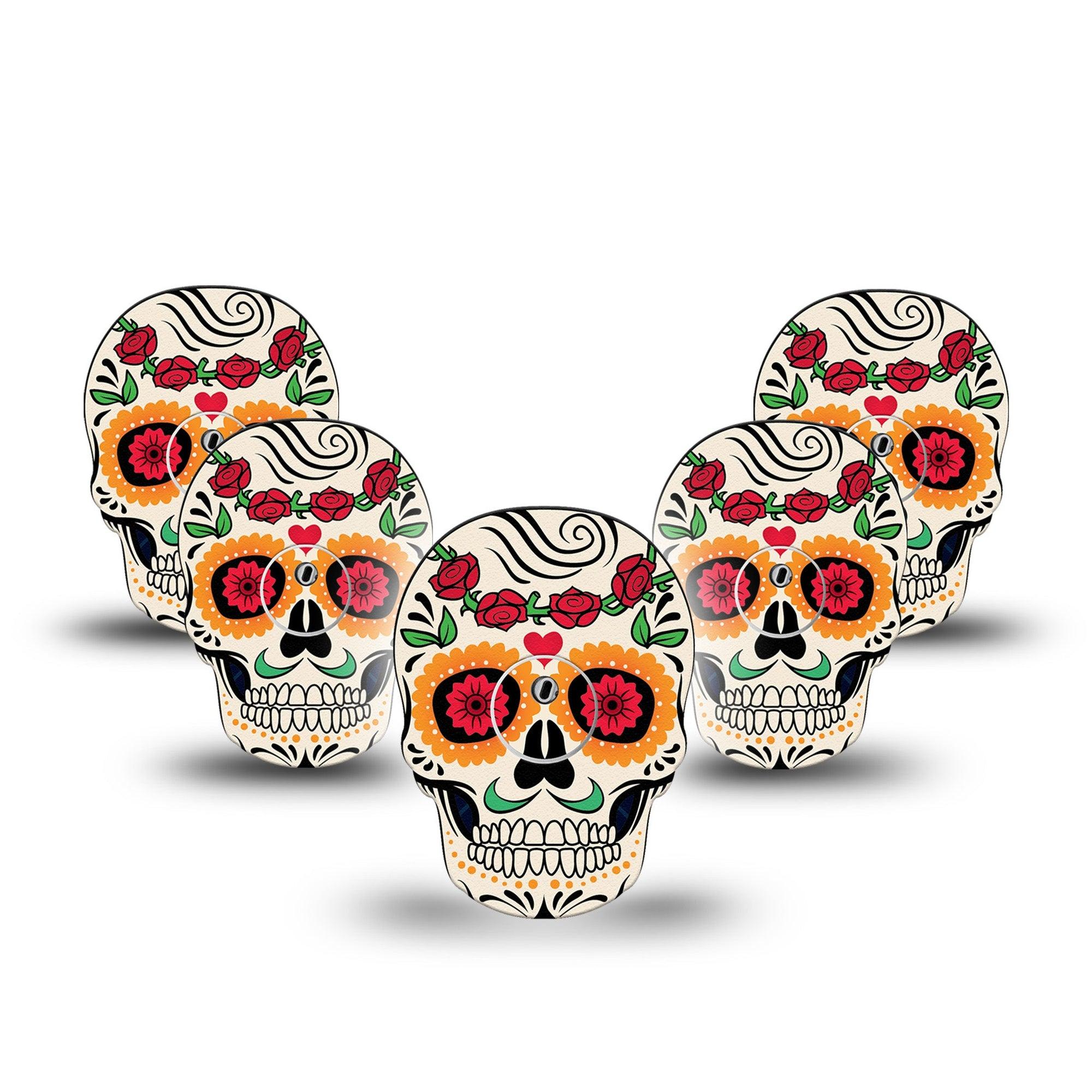 ExpressionMed Dia De Los Muertos Freestyle Libre 3 Skull Shape Tape 5-Pack Tape and 5-Pack Sticker Skull Decor Patch CGM Design