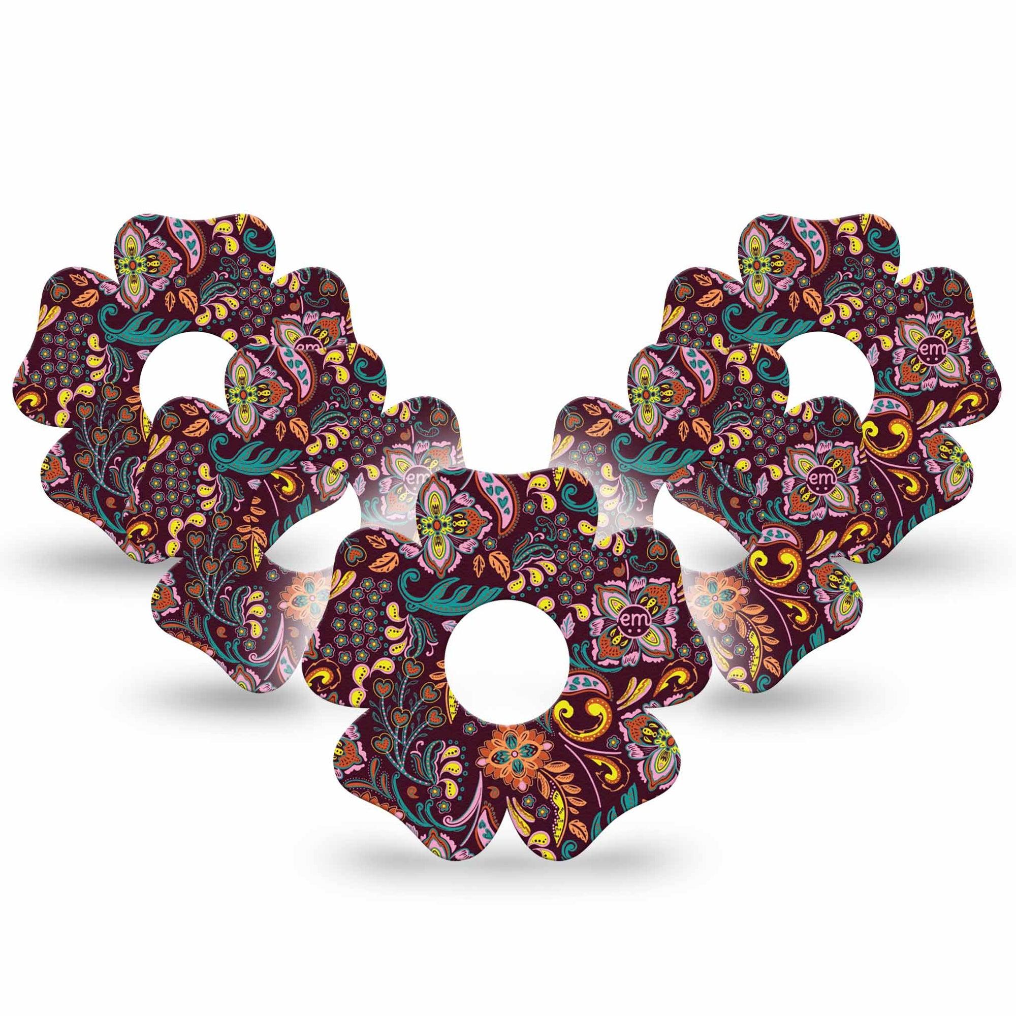 ExpressionMed Ornate Floral Freestyle Libre 3 Flower Shape Tape 5-Pack Tape Paisley Inspired Floral Pattern, Plaster CGM Design