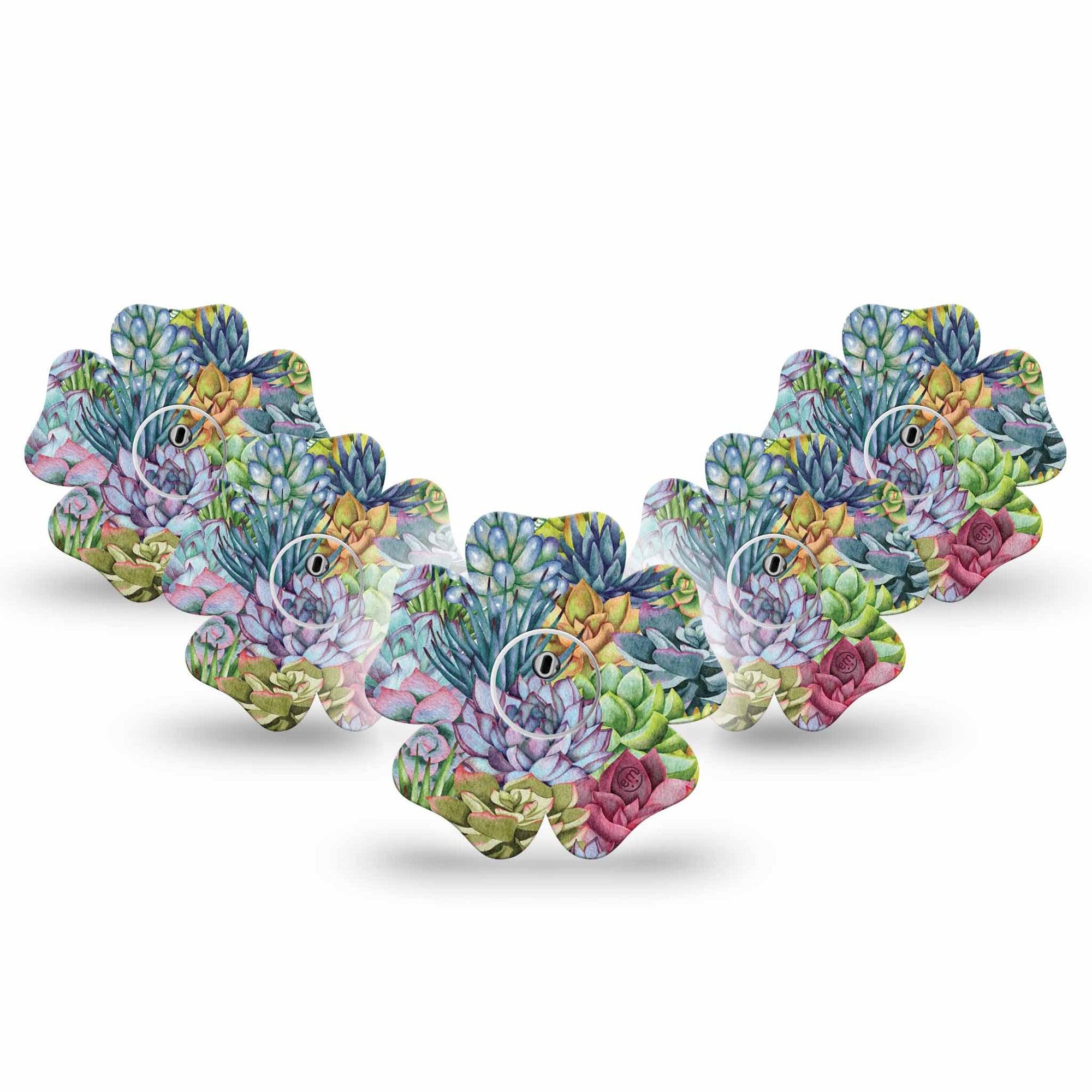 ExpressionMed Blue Succulents Freestyle Libre 3 and Libre 3 Plus Flower Shape Tape 5-Pack Tape and 5-Pack Sticker Leafy Succulent, Plaster CGM Design