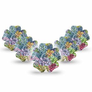 ExpressionMed Blue Succulents Freestyle Libre 3 and Libre 3 Plus Flower Shape Tape 5-Pack Tape and 5-Pack Sticker Leafy Succulent, Plaster CGM Design