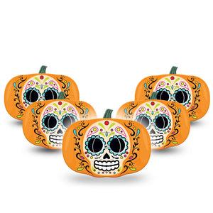 ExpressionMed Sugar Skull Pumpkin Freestyle Libre 2 Pumpkin Shape Tape, Abbott Lingo, 5-Pack Tape and 5-Pack Sticker Vibrant Day of the Dead Holiday Plaster Continuous Glucose Monitor Design