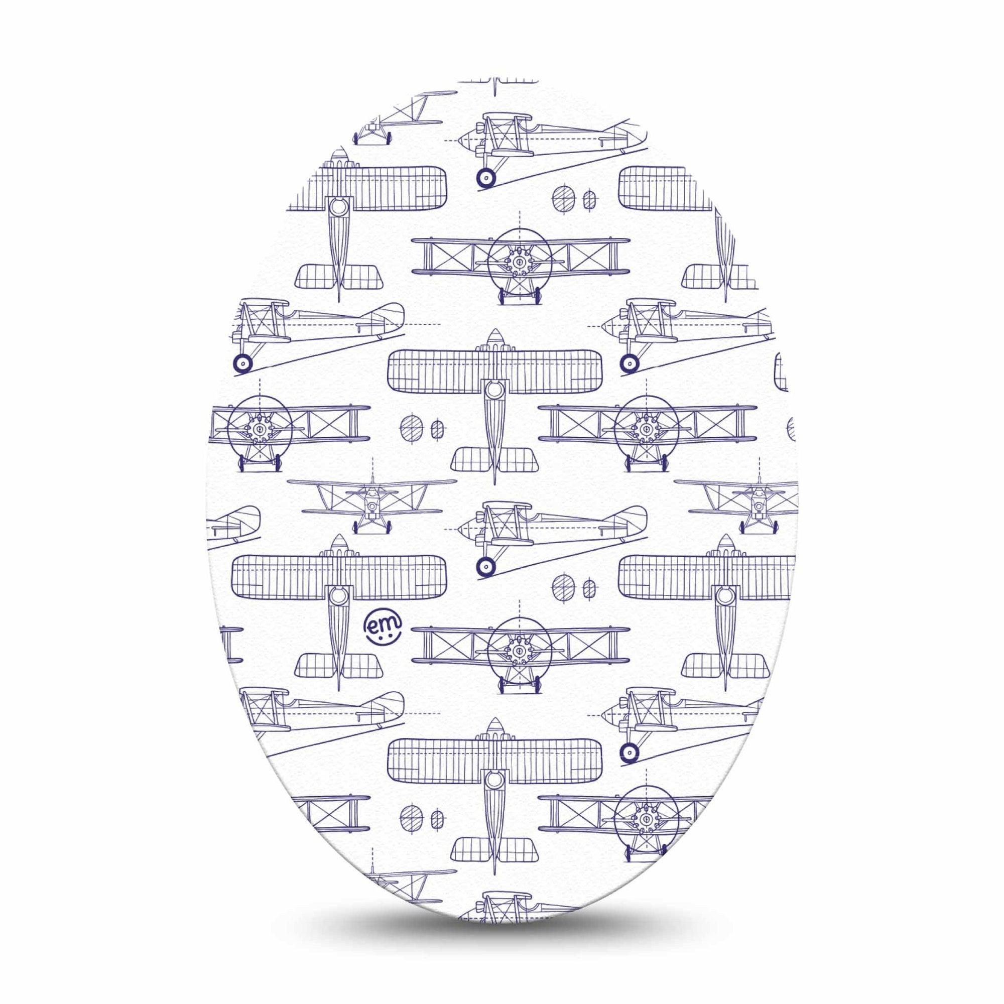 ExpressionMed Airplane Medtronic Guardian Enlite Universal Oval, Single Tape Navy Stenciled Planes, Plaster CGM Design