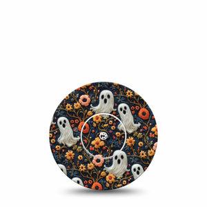 ExpressionMed Embroidered Ghost Freestyle Libre and Libre 2 Plus Sticker and Tape, Abbott Lingo, Orange Florals and Ghouls, Adhesive Sticker and Tape Design Continuous Glucose Monitor Design