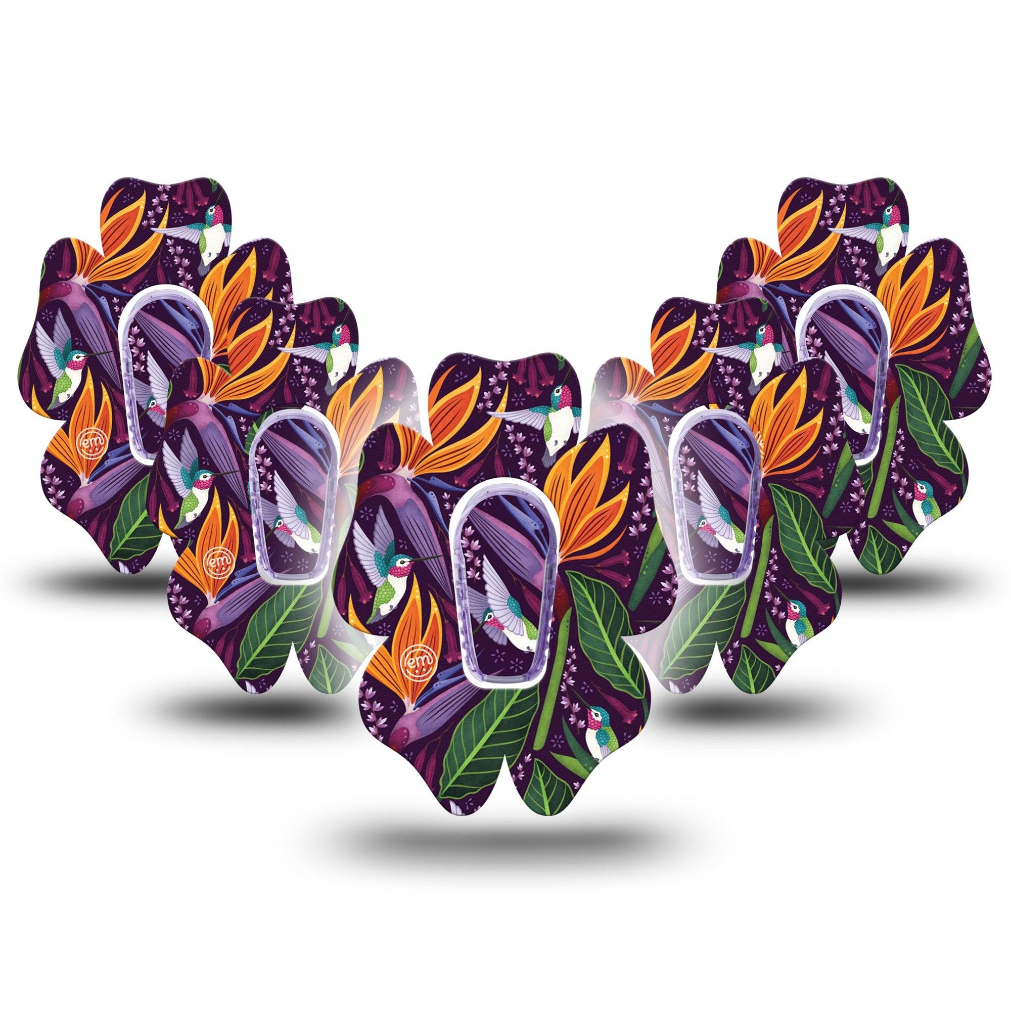 ExpressionMed Hummingbird Dexcom G6 Flower Shape Tape 5-Pack Tape and 5-Pack Sticker Bird Blossoms Adhesive Patch Continuous Glucose Monitor Design