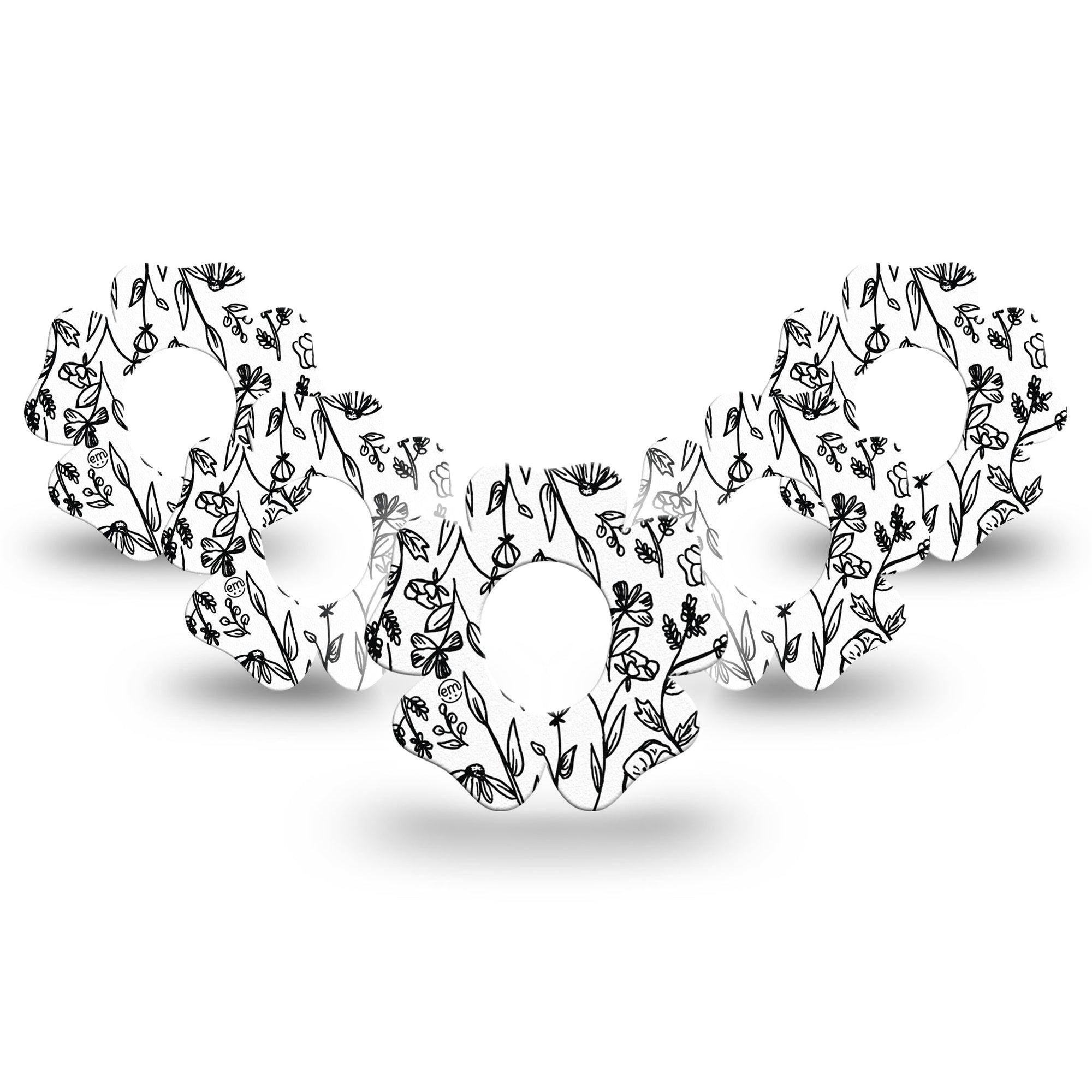ExpressionMed Custom Black and White Floral Dexcom G7 Flower Shape Tape, Dexcom Stelo Glucose Biosensor System, 5-Pack Tape Floral Artwork Plaster CGM Design