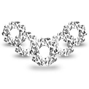 ExpressionMed Custom Black and White Floral Dexcom G7 Flower Shape Tape, Dexcom Stelo Glucose Biosensor System, 5-Pack Tape Floral Artwork Plaster CGM Design