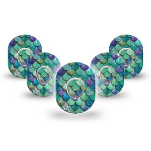 ExpressionMed Mermaid Scales Dexcom G7 and Dexcom Stelo Glucose Biosensor System Mini, 5-Pack Tape and 5-Pack Sticker underwater mermaid style Sensor Cover for Continuous Glucose Monitor
