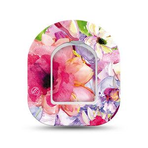 ExpressionMed Watercolor Red Flowers Omnipod Surface Center Sticker and Mini Tape Bold Pink Flowers Vinyl Sticker and Tape Design Pump Design