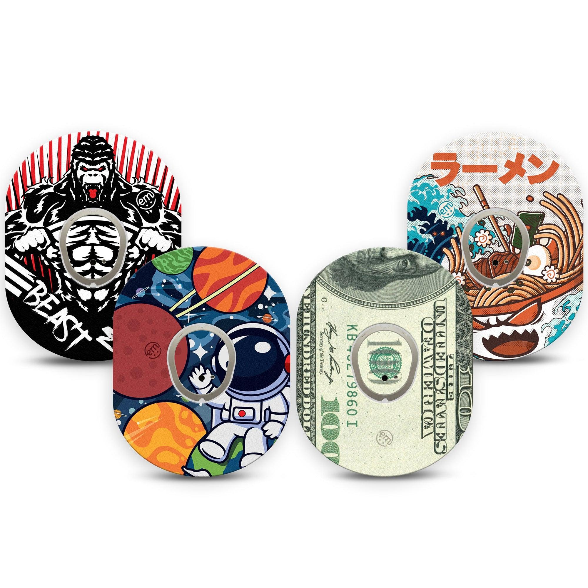 ExpressionMed Outlaw Legends Variety Pack Dexcom G7 Tape, Dexcom Stelo Glucose Biosensor System, 4-Pack Tape and 4-Pack Sticker Variety Fictional Adventure Characters, Overlay Tape CGM Design