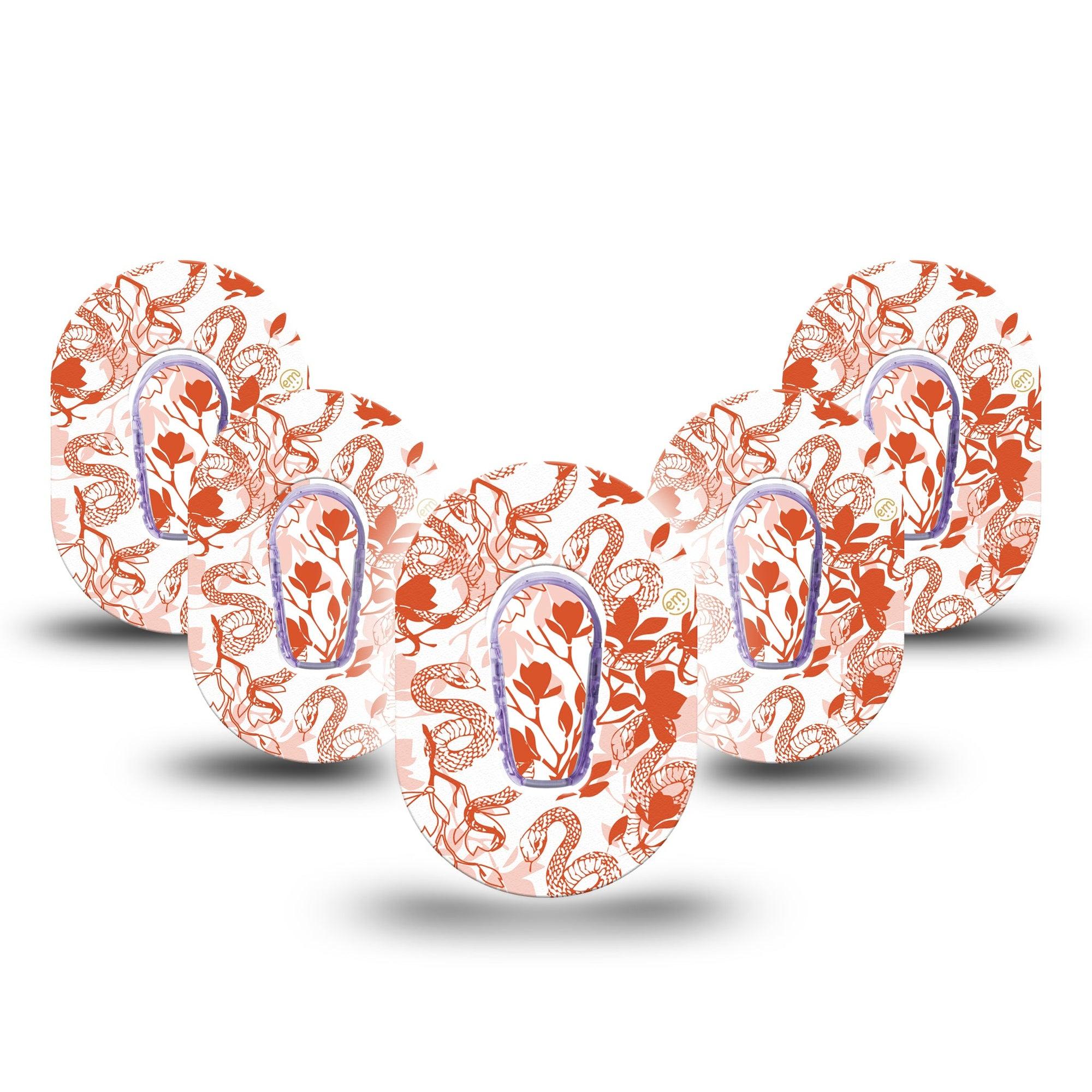 ExpressionMed Lava Coil Floral Dexcom G6 Mini Tape 5-Pack Tape and 5-Pack Sticker Peach Orange Snake Vines, Adhesive Tape CGM Design