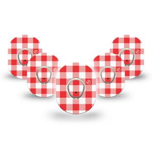ExpressionMed Red Gingham Dexcom G7 and Dexcom Stelo Glucose Biosensor System Mini, 5-Pack Tape and 5-Pack Sticker Classic red gingham Sensor Cover for Continuous Glucose Monitor