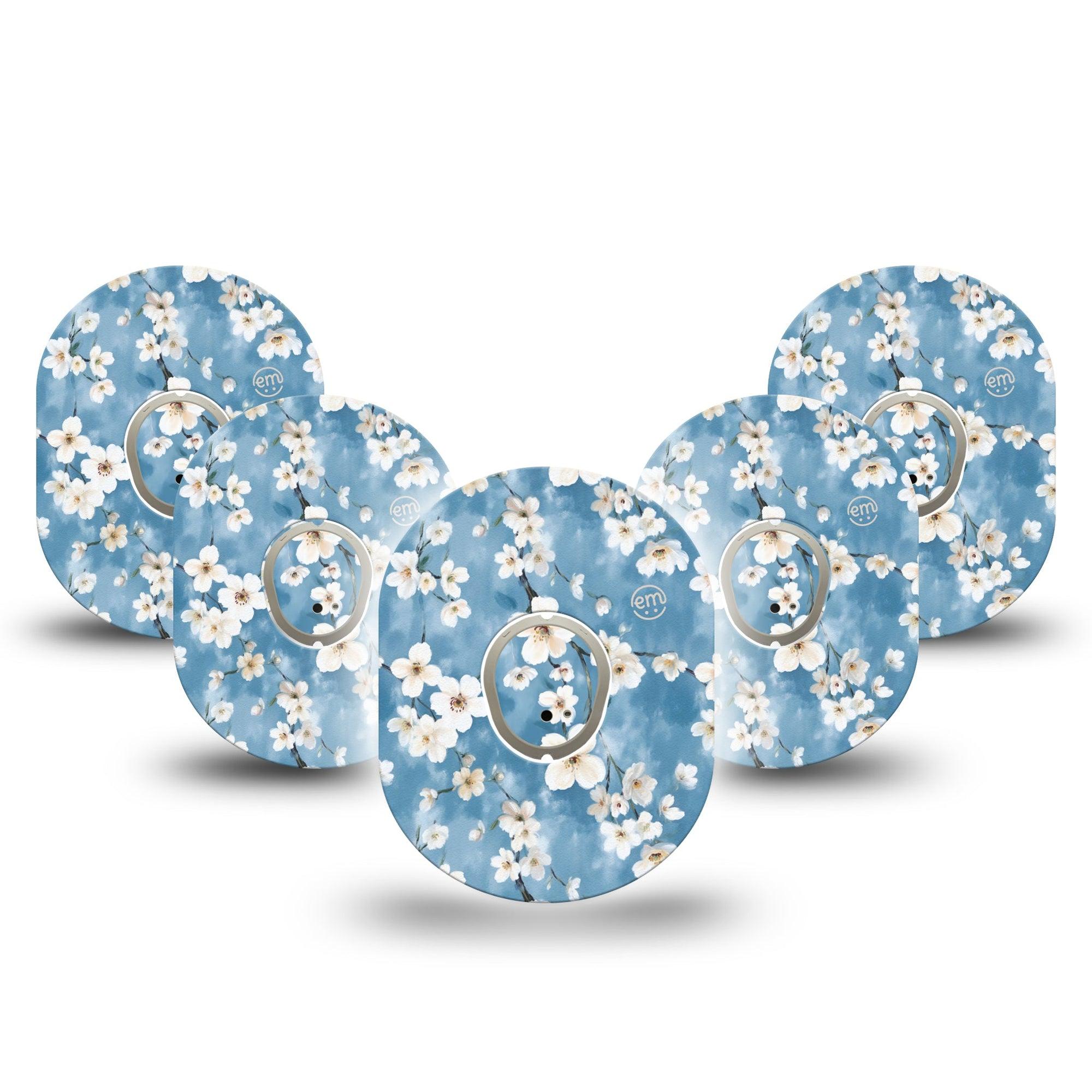 ExpressionMed Cherry Blossom Dexcom G7 Tape, Dexcom Stelo Glucose Biosensor System, 5-Pack Tape and 5-Pack Sticker White Cherry Blossom Flowers, Overlay Tape CGM Design
