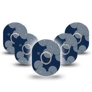 ExpressionMed Blue Swirls Dexcom G7 Tape, Dexcom Stelo Glucose Biosensor System, 5-Pack Tape and 5-Pack Sticker Twisting Spirals, Overlay Tape CGM Design
