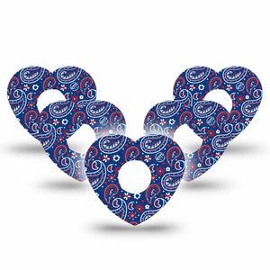 ExpressionMed Independence Paisley Freestyle Libre 3 and Libre 3 Plus Heart Shape Tape 5-Pack Tape Fourth of July Ornamental Pattern, Patch CGM Design