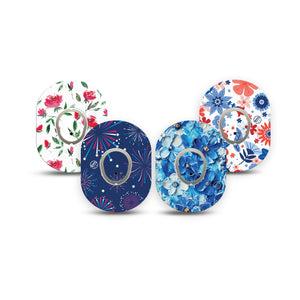 ExpressionMed Red, White & Bloom Variety Pack Dexcom G7 Mini Tape, Dexcom Stelo Glucose Biosensor System, 4-Pack Tape and 4-Pack Sticker Variety July 4th Prints, Patch Continuous Glucose Monitor Design