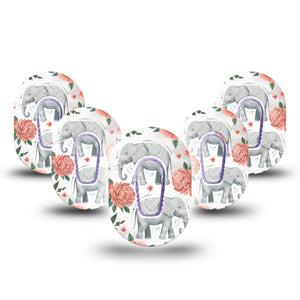 ExpressionMed Sweet Elephants Dexcom G6 Mini, 5-Pack Tape and 5-Pack Sticker playful elephant print Waterproof Sensor Cover for Continuous Glucose Monitor