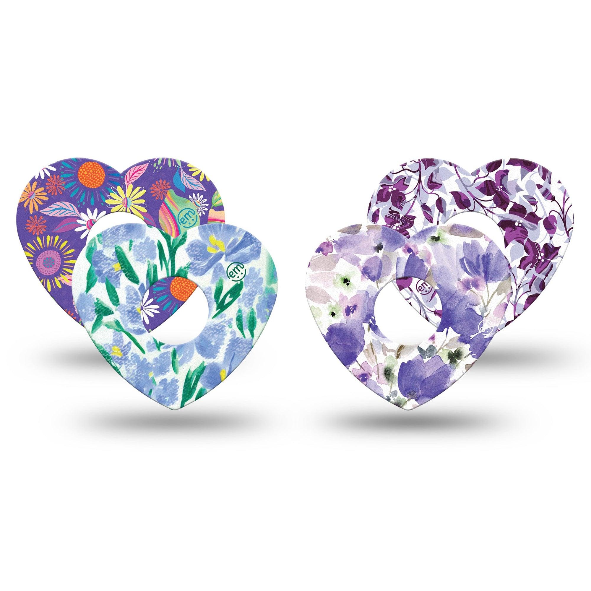 ExpressionMed Twilight Garden Variety Pack Freestyle Libre 3 Heart Shape Tape 4-Pack Variety Delicate Blue Purple Florals Patch CGM Design