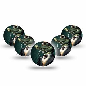 ExpressionMed Dapper Alligator Freestyle Libre 3 and Libre 3 Plus Tape, 5-Pack Tape and 5-Pack Sticker Cartoon Inspired Gator Guy, Adhesive Tape Continuous Glucose Monitor Design