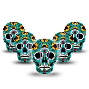 ExpressionMed Teal Skull Dexcom G6 Skull Shape Tape 5-Pack Tape and 5-Pack Sticker Halloween Sugar Skull Plaster Continuous Glucose Monitor Design