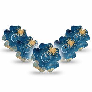 ExpressionMed Mystic Skies Freestyle Libre 3 and Libre 3 Plus Flower, 5-Pack Tape and 5-Pack Sticker Whimsical sun and stars Waterproof Plaster for Continuous Glucose Monitor