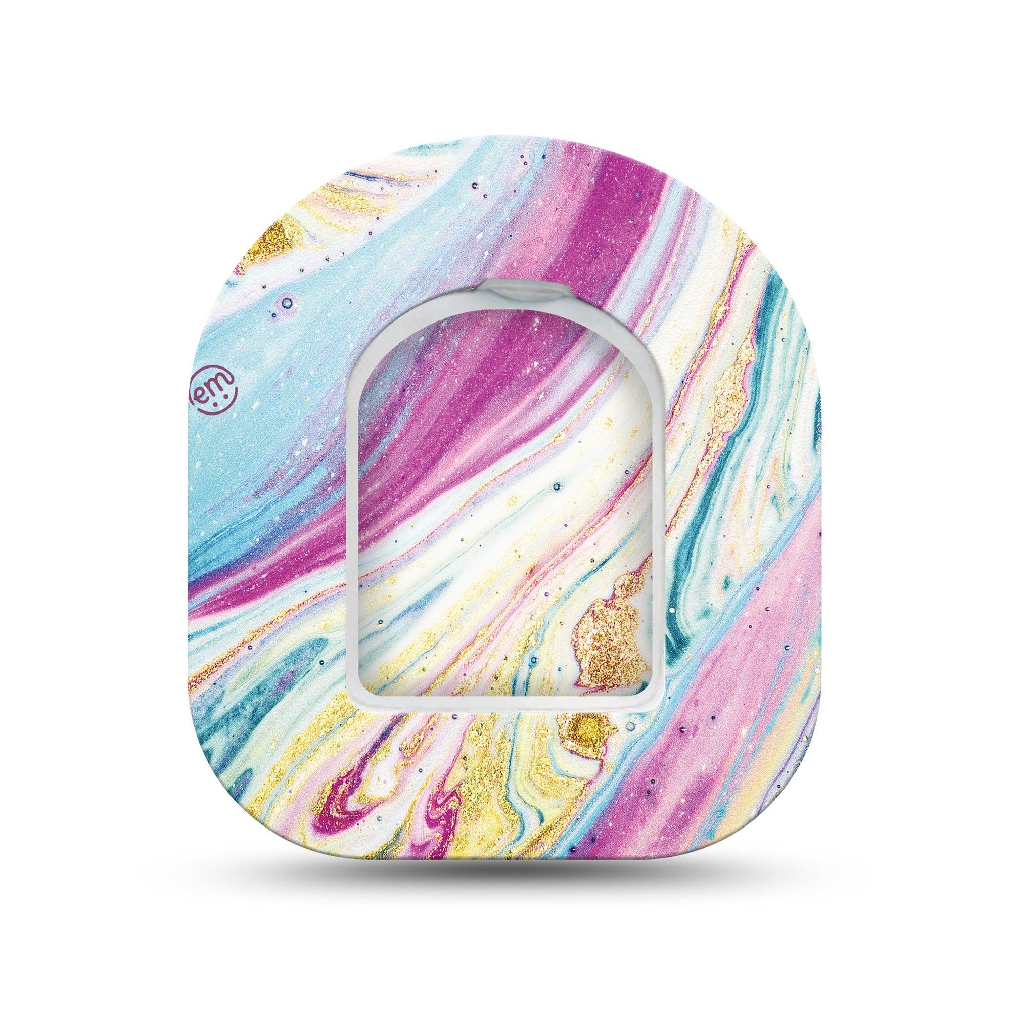 ExpressionMed Shimmering Marble Omnipod Surface Center Sticker and Mini Tape Purple Gold and Blue Glittering Swirl Vinyl Sticker and Tape Design Pump Design