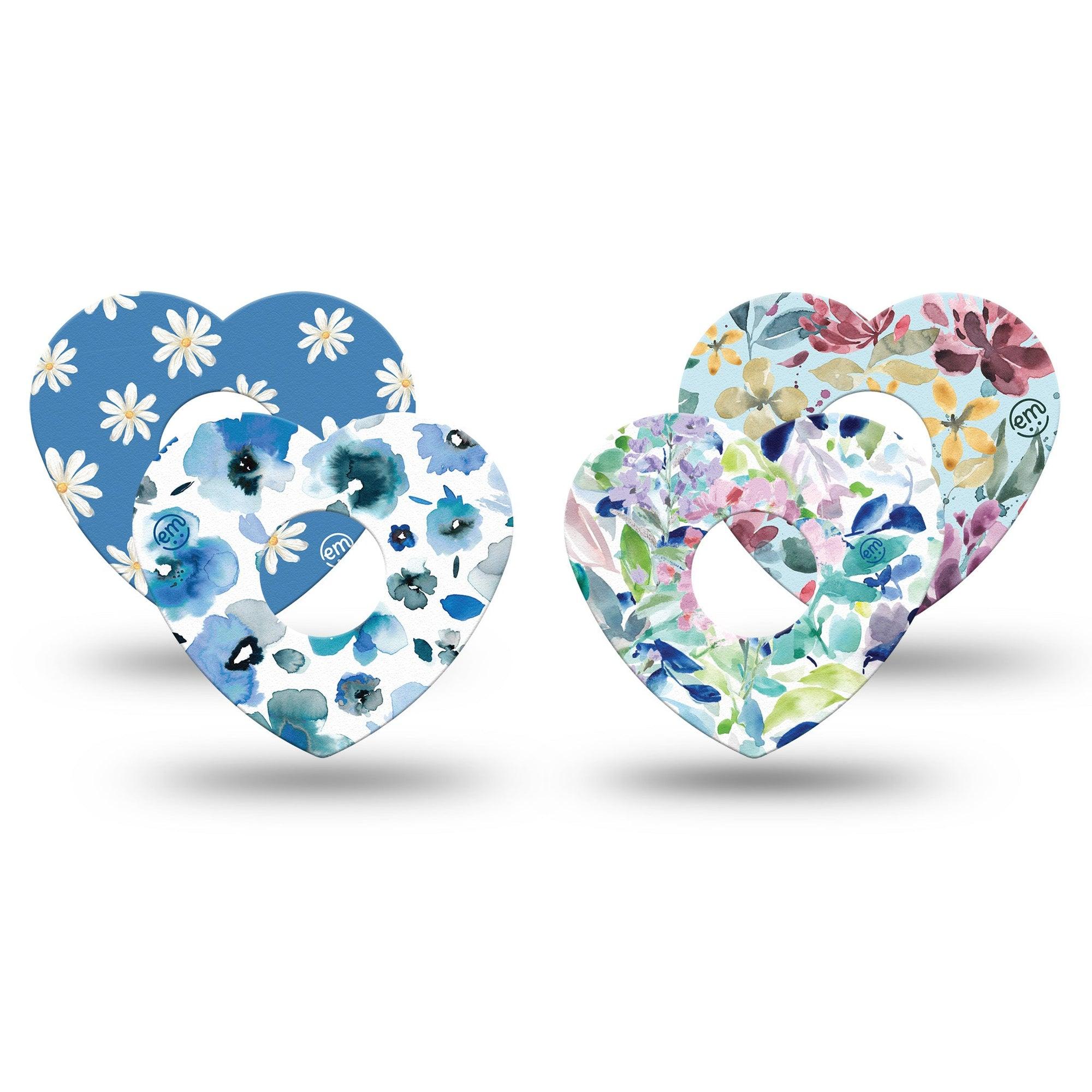 ExpressionMed Sky Blue Garden Variety Pack Freestyle Libre 3 Heart Shape Tape 4-Pack Variety Baby Blue Florals Patch CGM Design