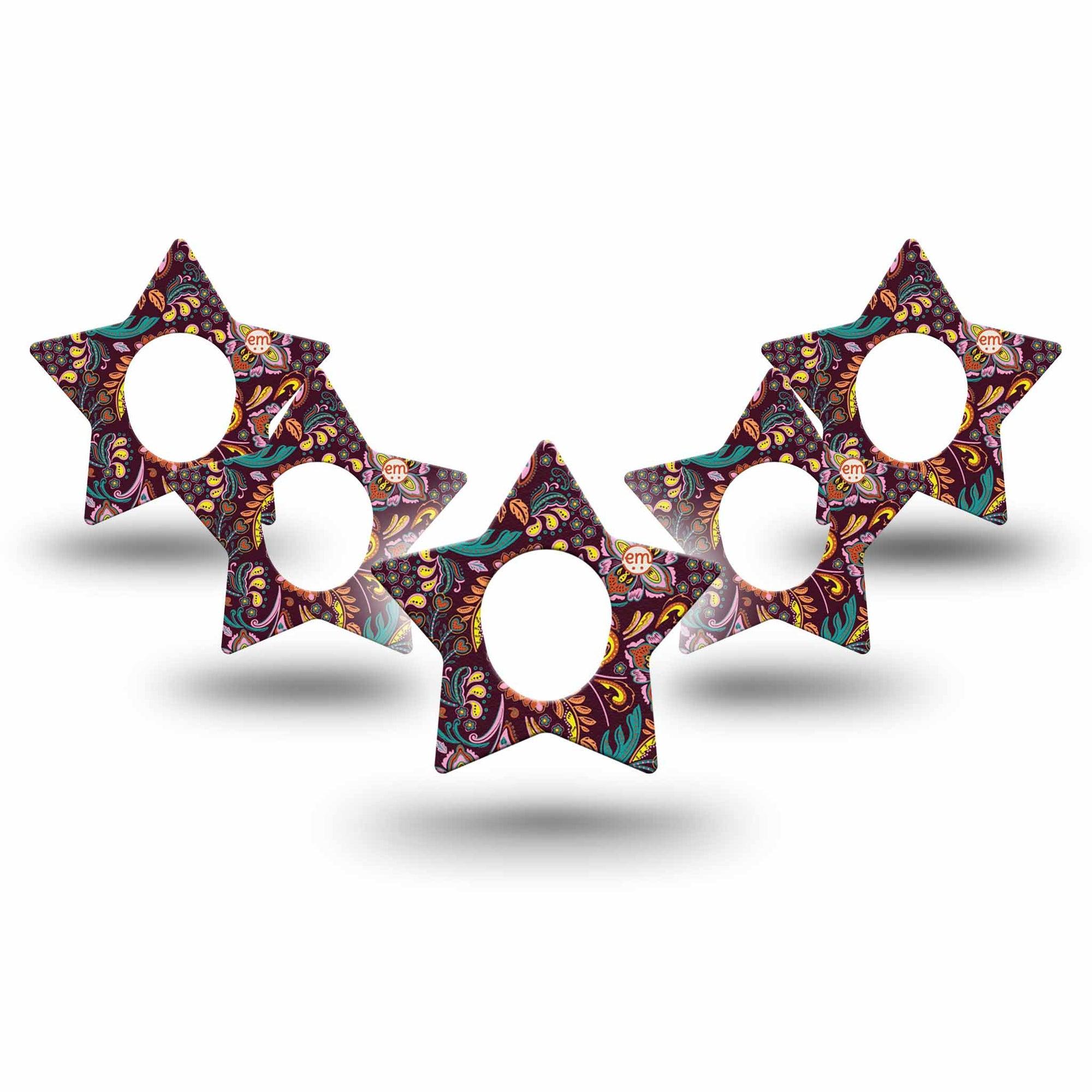 ExpressionMed Ornate Floral Dexcom G7 Star Shape Tape, Dexcom Stelo Glucose Biosensor System, 5-Pack Tape Paisley Inspired Floral Pattern, Overlay Patch CGM Design