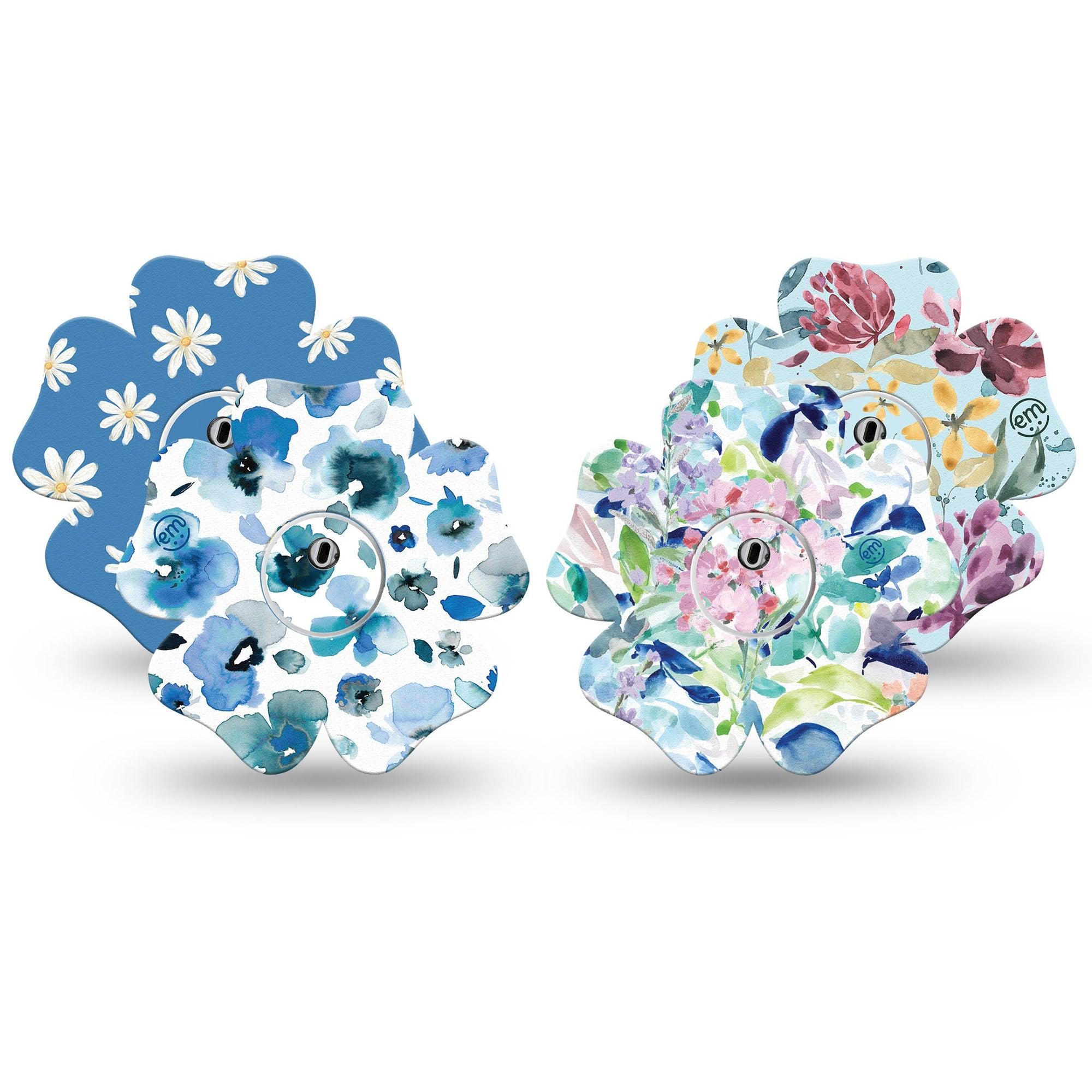 ExpressionMed Sky Blue Garden Variety Pack Freestyle Libre 3 Flower Shape Tape 4-Pack Tape and 4-Pack Sticker Variety Array of Types of Blue Flowers Plaster CGM Design