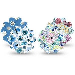 ExpressionMed Sky Blue Garden Variety Pack Freestyle Libre 3 Flower Shape Tape 4-Pack Tape and 4-Pack Sticker Variety Array of Types of Blue Flowers Plaster CGM Design