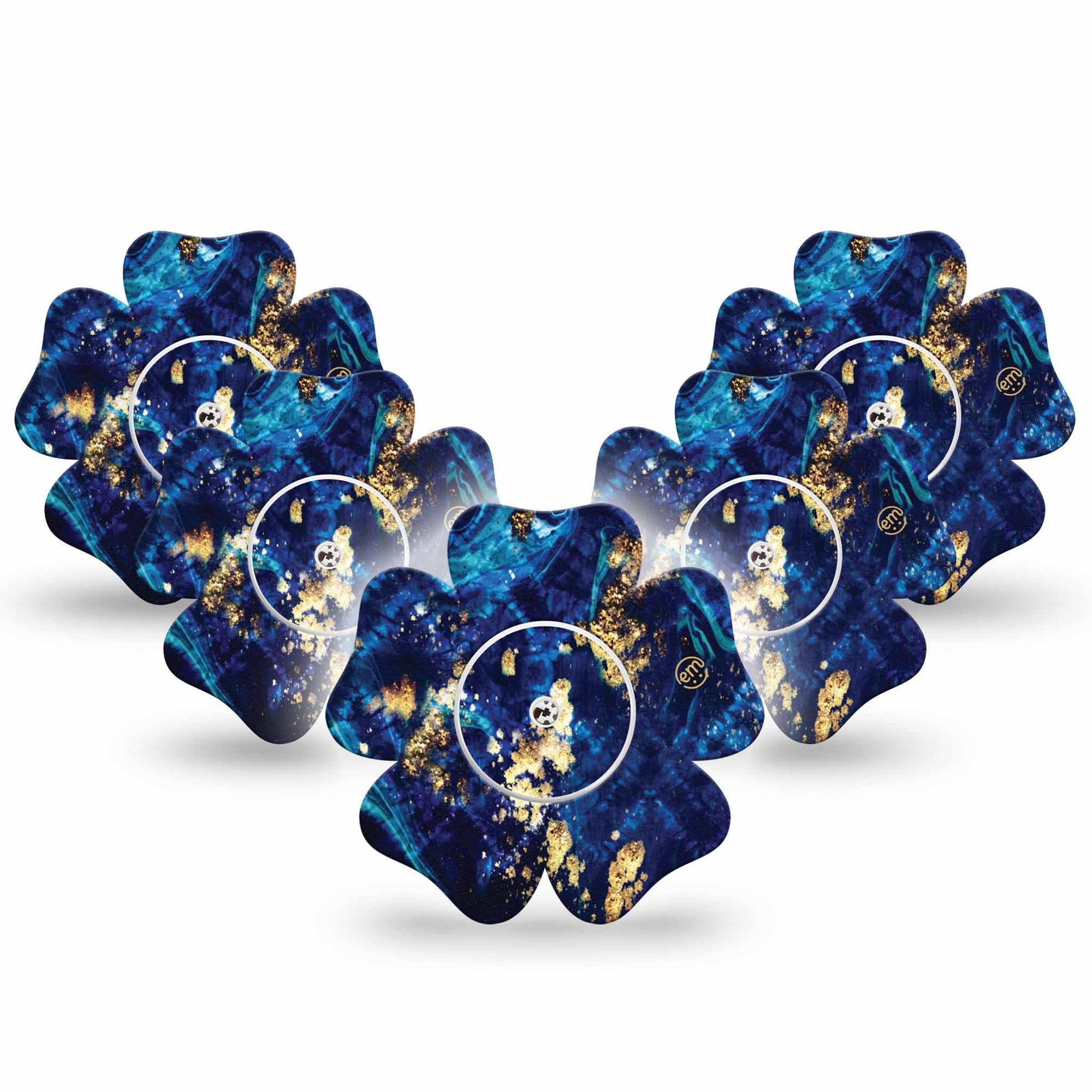 ExpressionMed Molten Midnight Freestyle Libre 2 Flower Shape Tape, Abbott Lingo, 5-Pack Tape and 5-Pack Sticker Deep Blue Wavy Gold Details, Plaster CGM Design