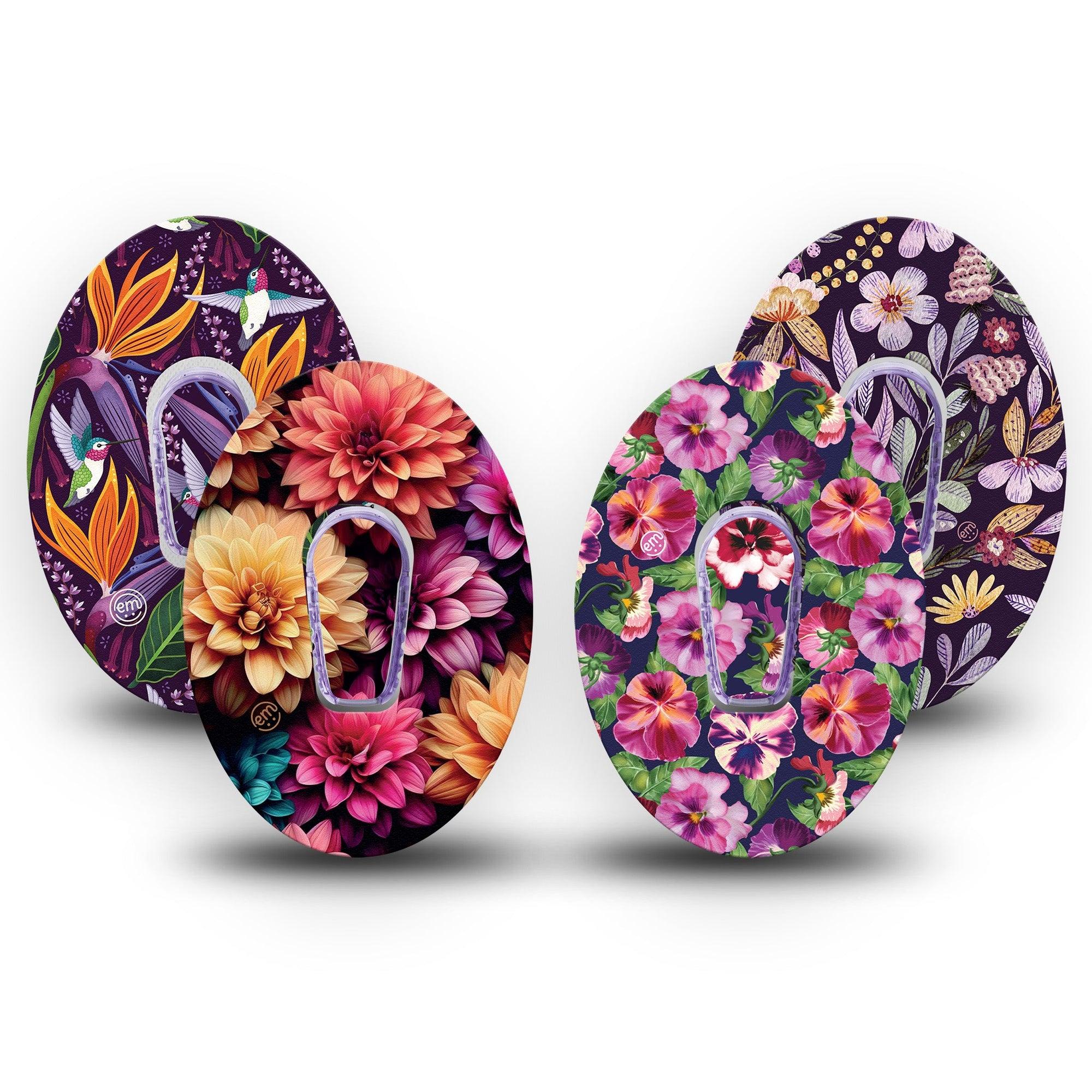 ExpressionMed Enchanted Violets Variety Pack Dexcom G6 Tape 4-Pack Tape and 4-Pack Sticker Variety Rich Purple Florals, Plaster Continuous Glucose Monitor Design