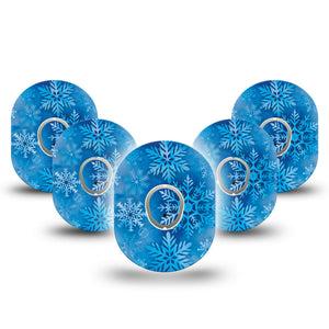 ExpressionMed Falling Snow Dexcom G7 Tape, Dexcom Stelo Glucose Biosensor System, 5-Pack Tape and 5-Pack Sticker Icy Blue Snowflakes, Overlay Tape CGM Design