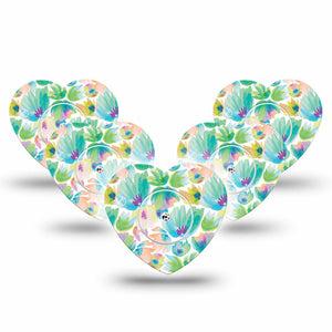 ExpressionMed Happy Go Lucky Flowers Freestyle Libre 2 Heart Shape Tape, Abbott Lingo,  5-Pack Tape and 5-Pack Sticker Bright Green Watercolor Painted Inspired Shrubs Adhesive Patch CGM Design