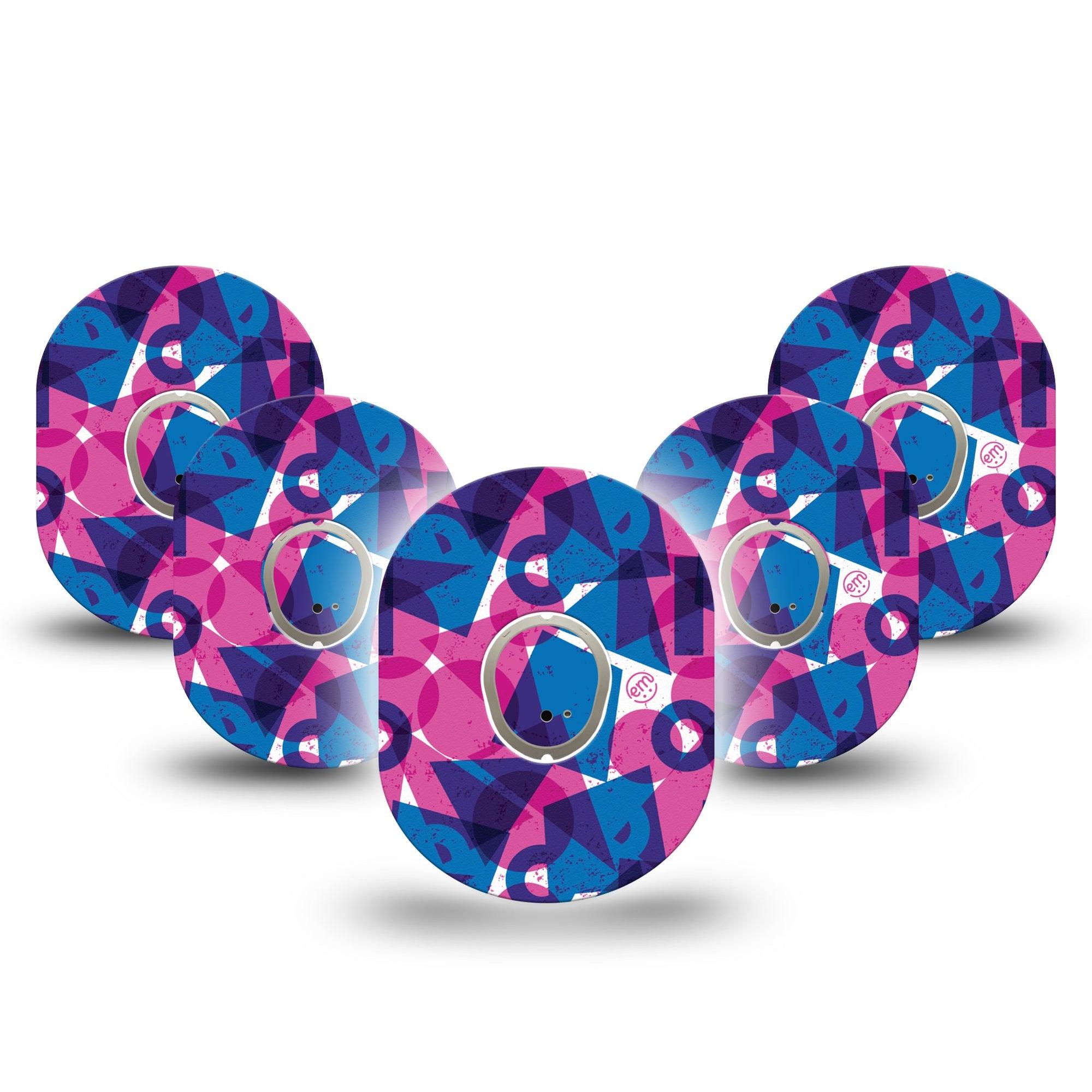 ExpressionMed Violet Vortex Dexcom G7 Tape, Dexcom Stelo Glucose Biosensor System, 5-Pack Tape and 5-Pack Sticker Fun Shape Mix, Overlay Tape CGM Design