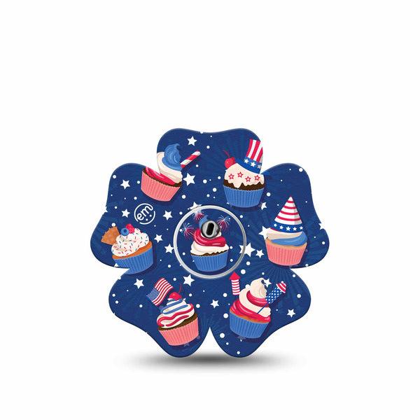 ExpressionMed Patriotic Cupcakes Freestyle Libre 3 and Libre 3 Plus Flower Shape Tape Single Tape and Single Sticker Red Cupcakes, Overlay Tape CGM Design
