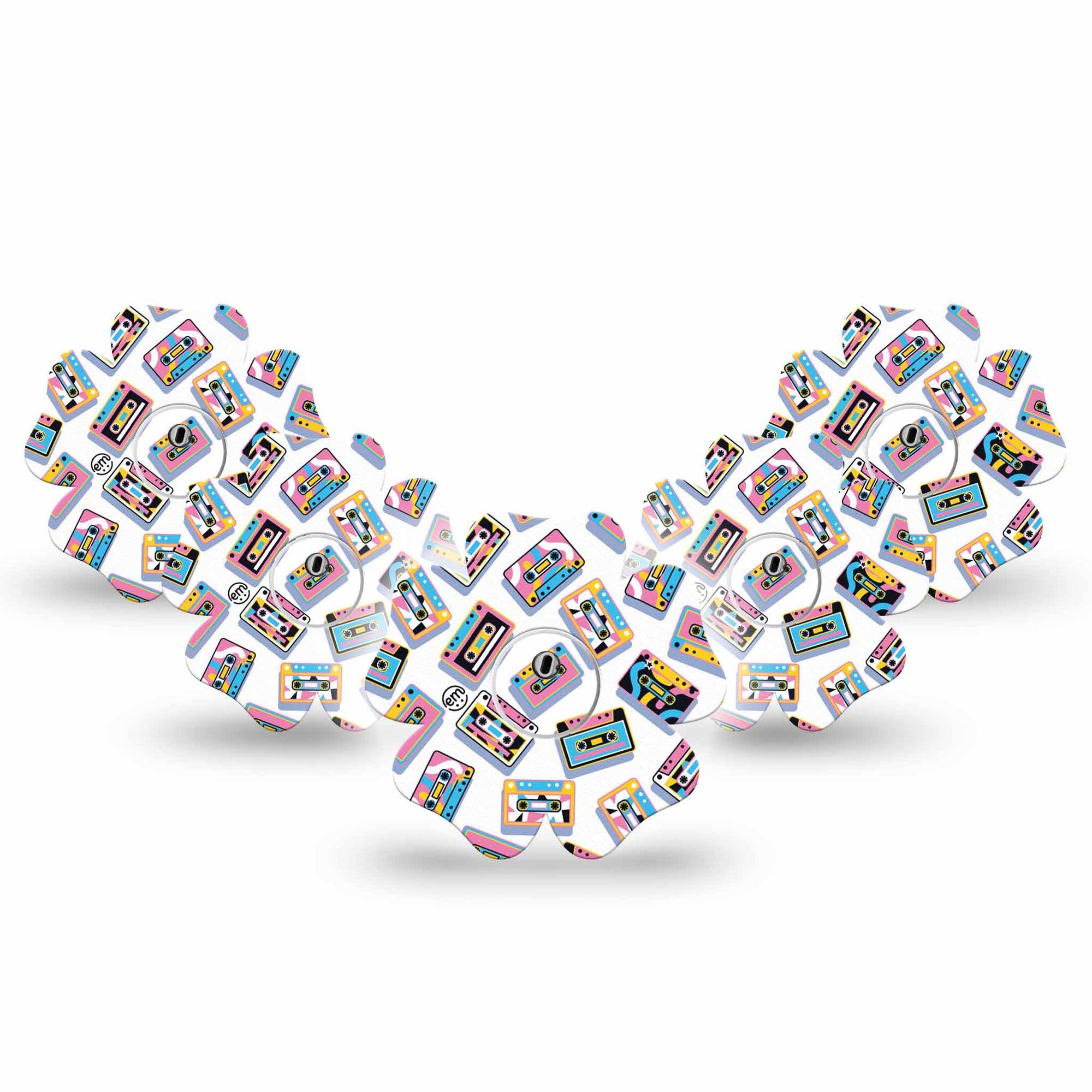 ExpressionMed Vintage Music Tapes Freestyle Libre 3 and Libre 3 Plus Flower Shape Tape 5-Pack Tape and 5-Pack Sticker Retro Colored Tapes, Plaster CGM Design