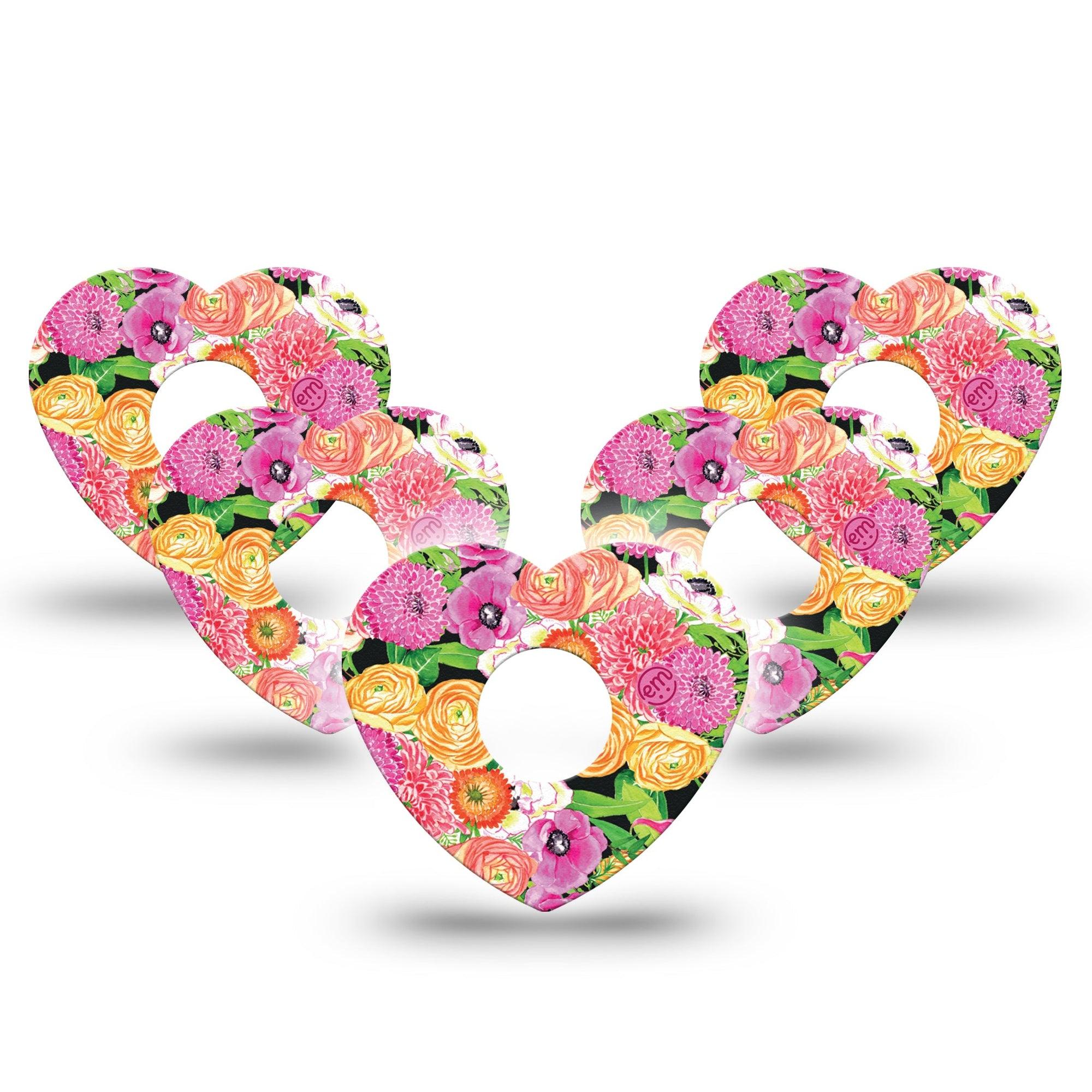 ExpressionMed Hand Painted Flowers Freestyle Libre 3 Heart Shape Tape 5-Pack painting of pink flowers Overlay Patch CGM Design