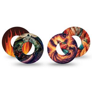 ExpressionMed Ember Rise Variety Pack Freestyle Libre and Libre 2 Plus Tape, Abbott Lingo, 4-Pack Tape Variety Fire Breathing Inspired Animals, Fixing Ring Tape Continuous Glucose Monitor Design