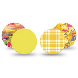 ExpressionMed Sunlit Yellow Freestyle Libre 3 and Libre 3 Plus OverPatch, 4-Pack Tape yellow botanical pattern Plaster for CGM